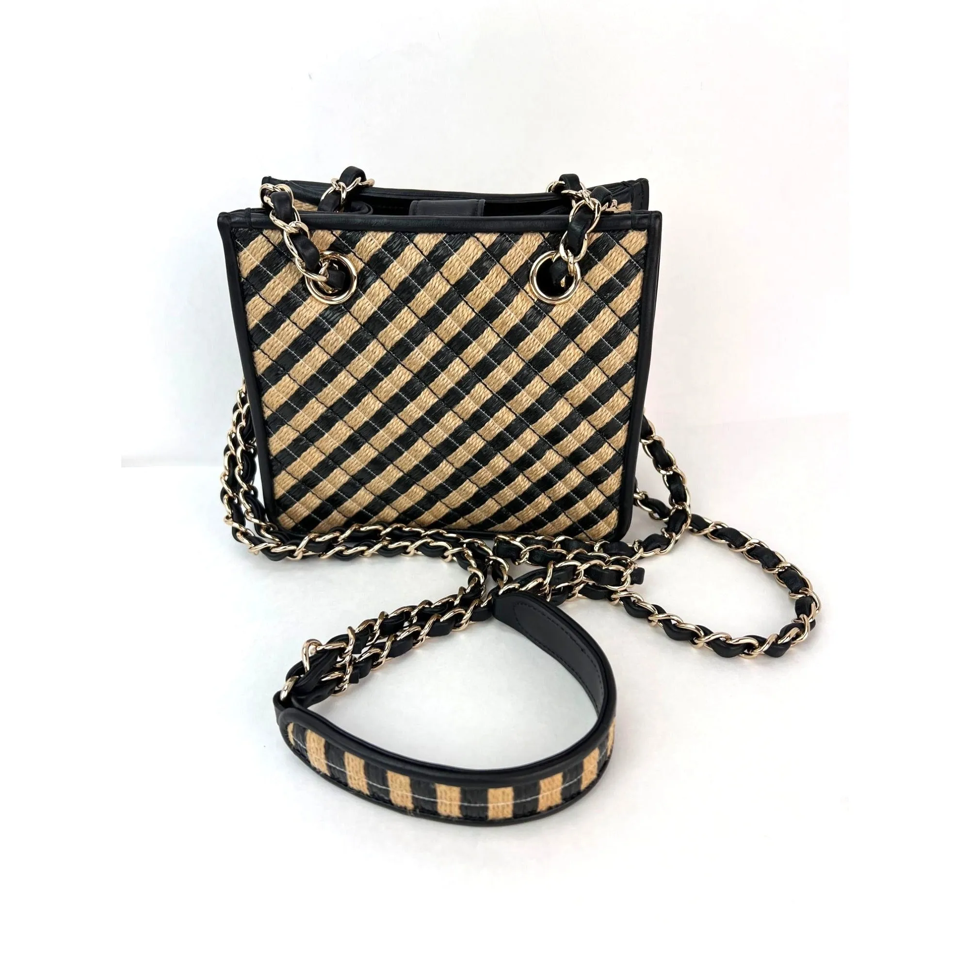 Chanel Raffia Jute Striped Urban Jungle Black Beige Bucket Bag