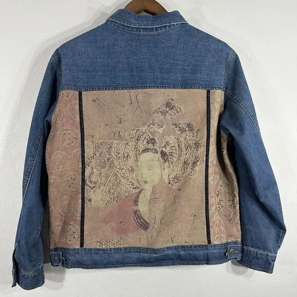 Chico's Women's Vintage Jacket Denim Blend Beaded Artsy Geisha Leather Size 2