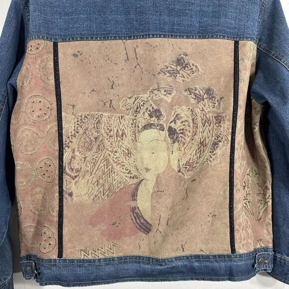Chico's Women's Vintage Jacket Denim Blend Beaded Artsy Geisha Leather Size 2