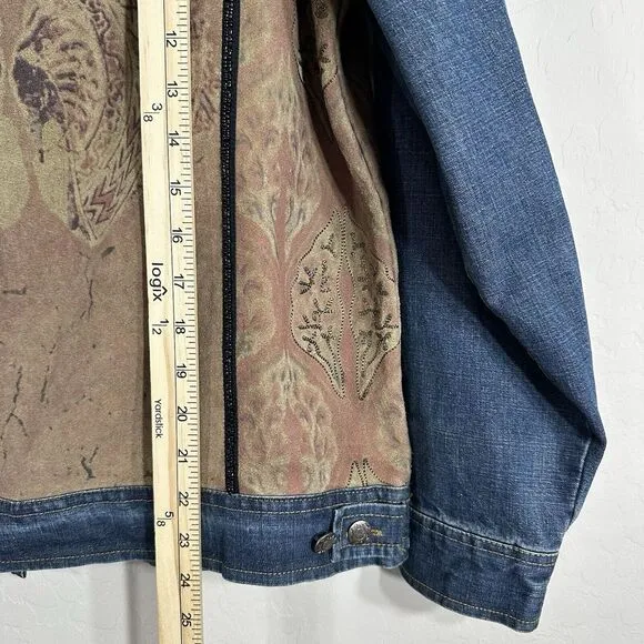 Chico's Women's Vintage Jacket Denim Blend Beaded Artsy Geisha Leather Size 2