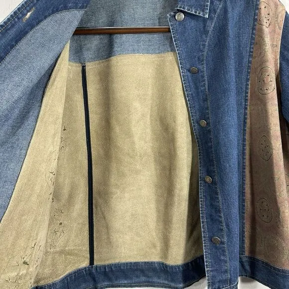 Chico's Women's Vintage Jacket Denim Blend Beaded Artsy Geisha Leather Size 2