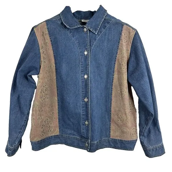 Chico's Women's Vintage Jacket Denim Blend Beaded Artsy Geisha Leather Size 2