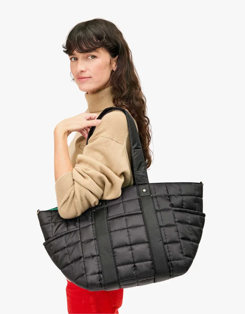 Clare V. Le Box Tote with Tabs in Black Quilted Ripstop Nylon