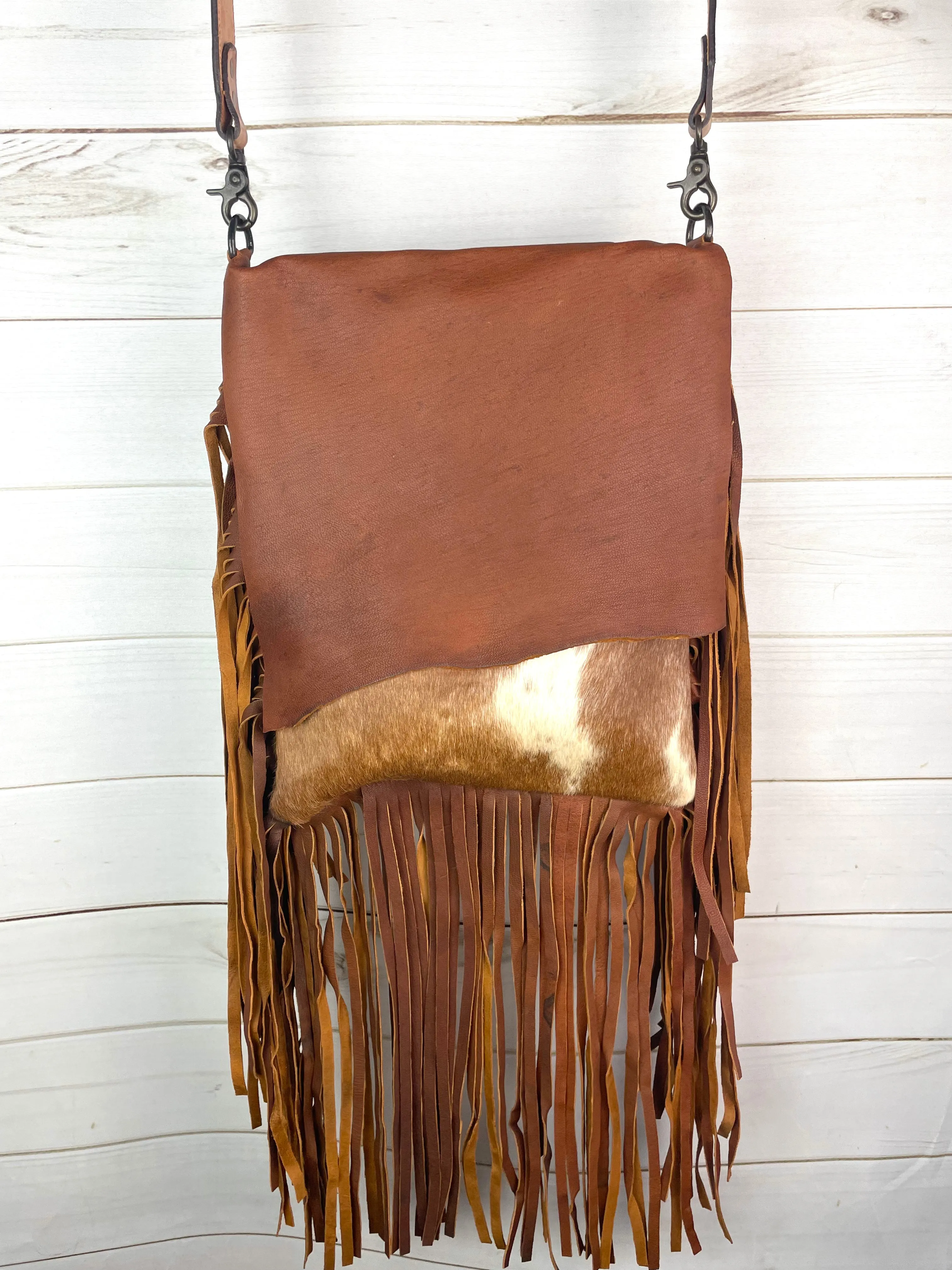 CLEARANCE!! Mesa Tan Raw Hide Cut Flap - Hair on Hide Fringe Bag