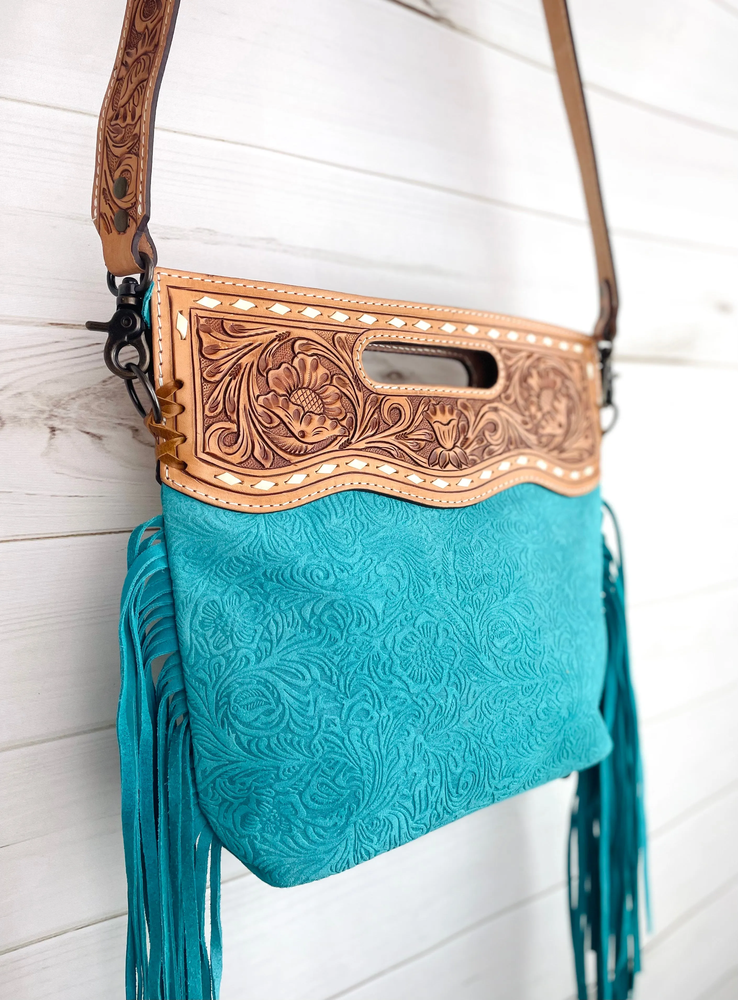 CLEARANCE! Turquoise Suede Brocade & Leather Western Crossbody Bag