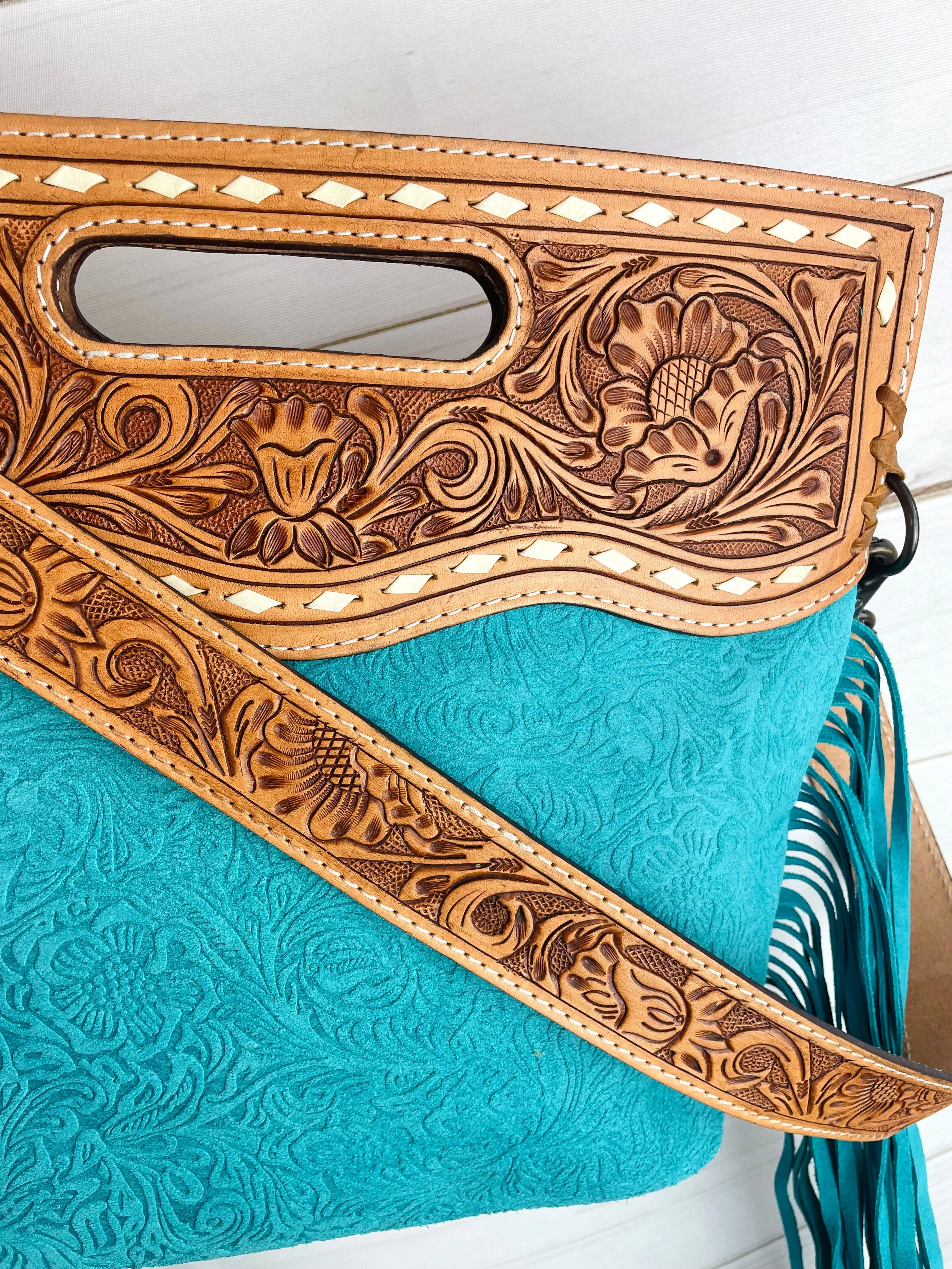 CLEARANCE! Turquoise Suede Brocade & Leather Western Crossbody Bag