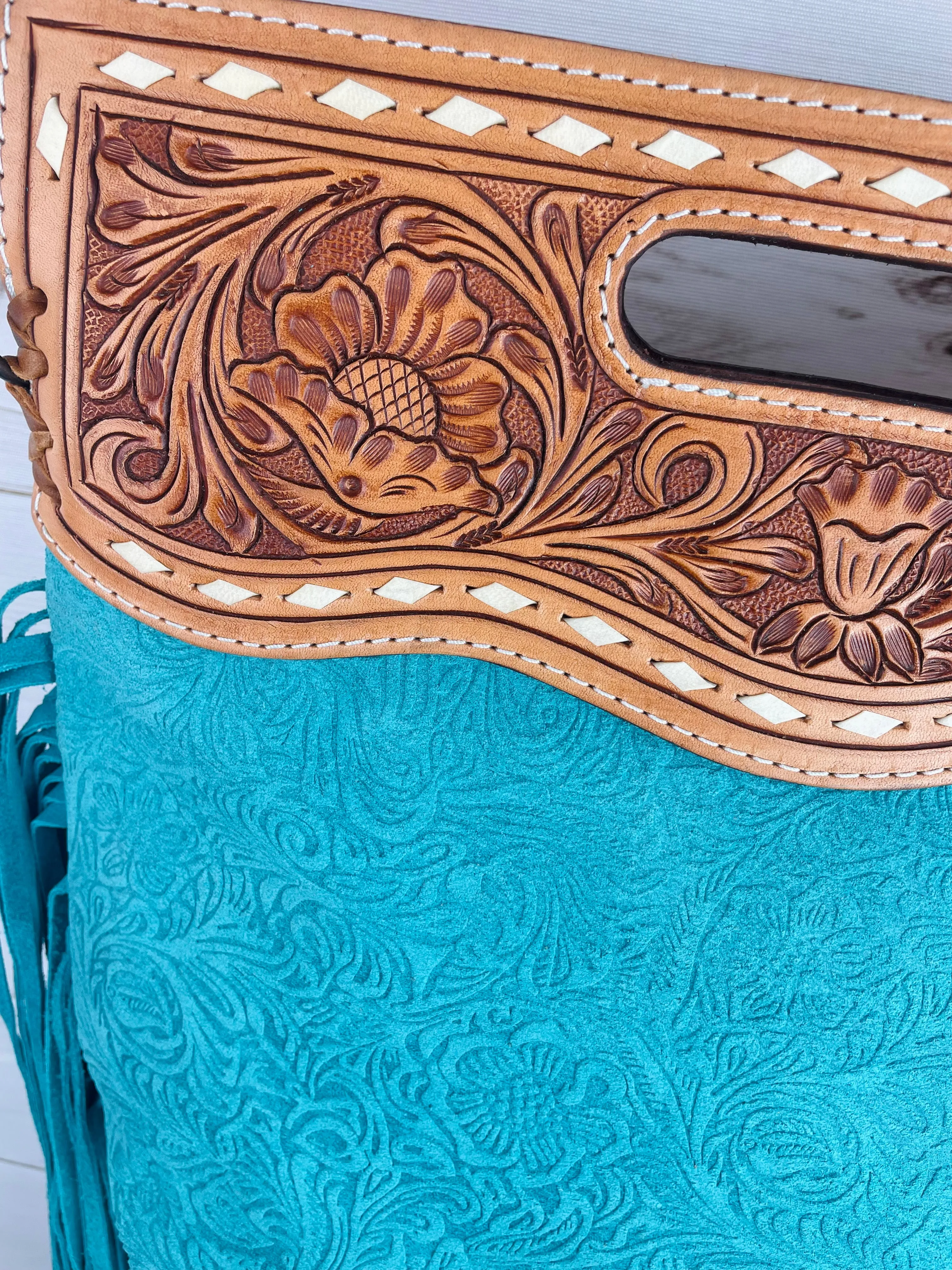 CLEARANCE! Turquoise Suede Brocade & Leather Western Crossbody Bag