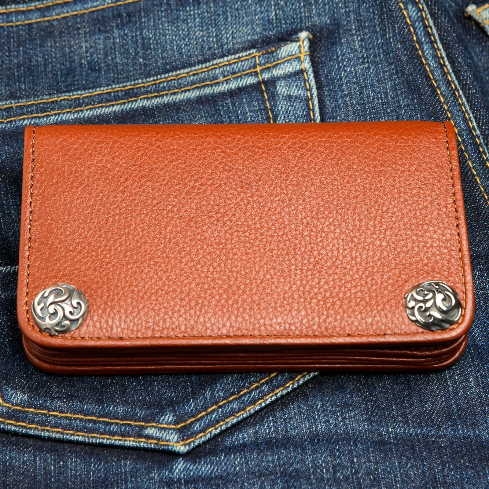 Cognac Brown Genuine Cowhide Leather Biker Wallet