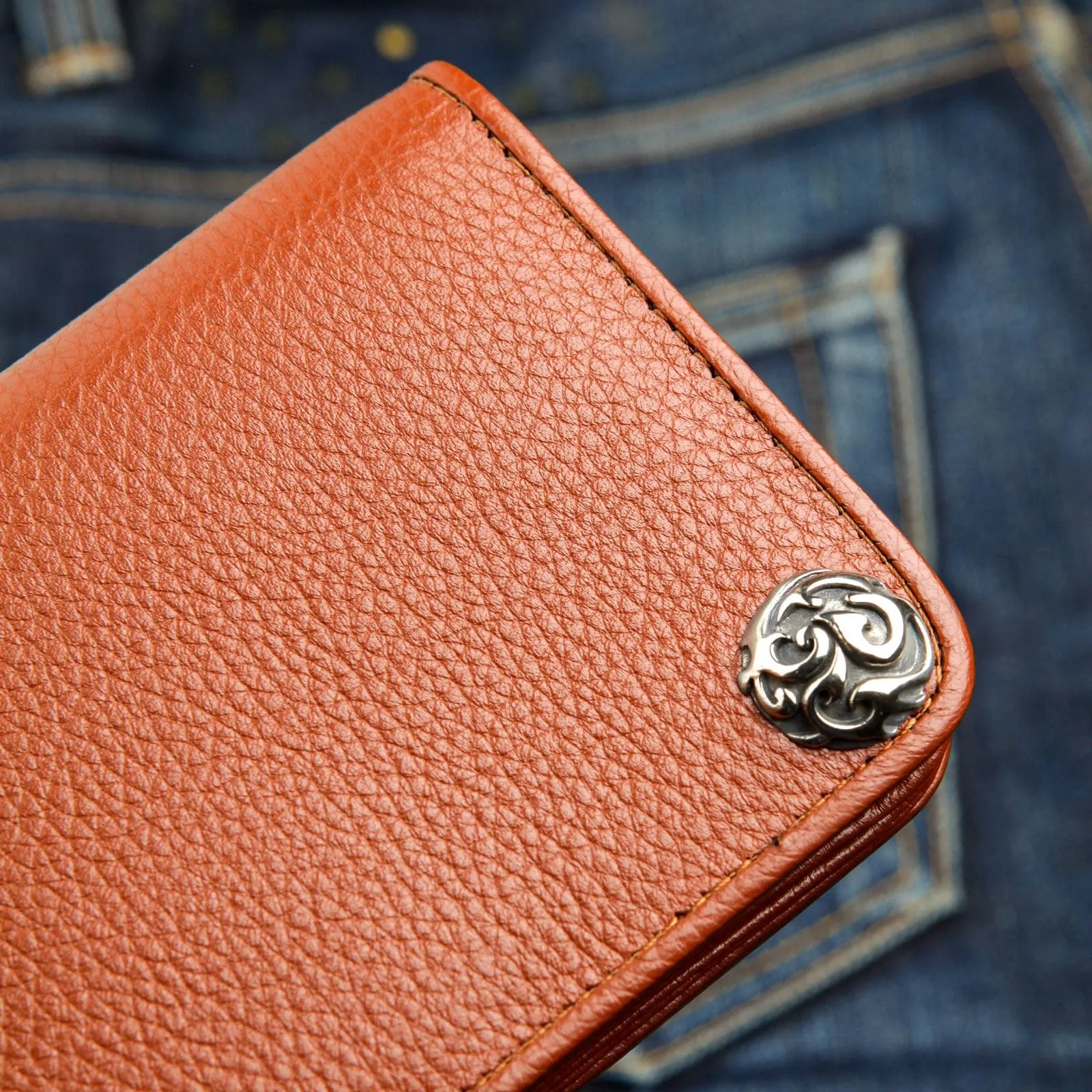 Cognac Brown Genuine Cowhide Leather Biker Wallet