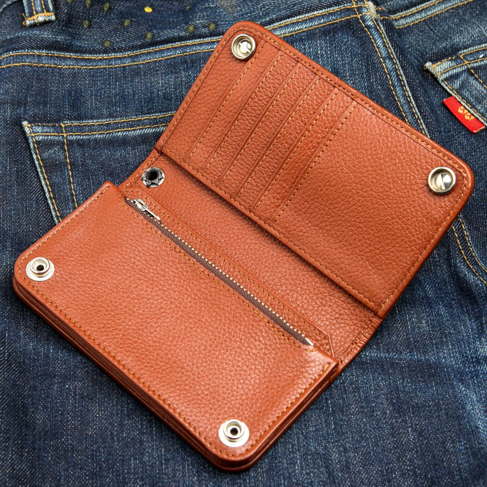 Cognac Brown Genuine Cowhide Leather Biker Wallet