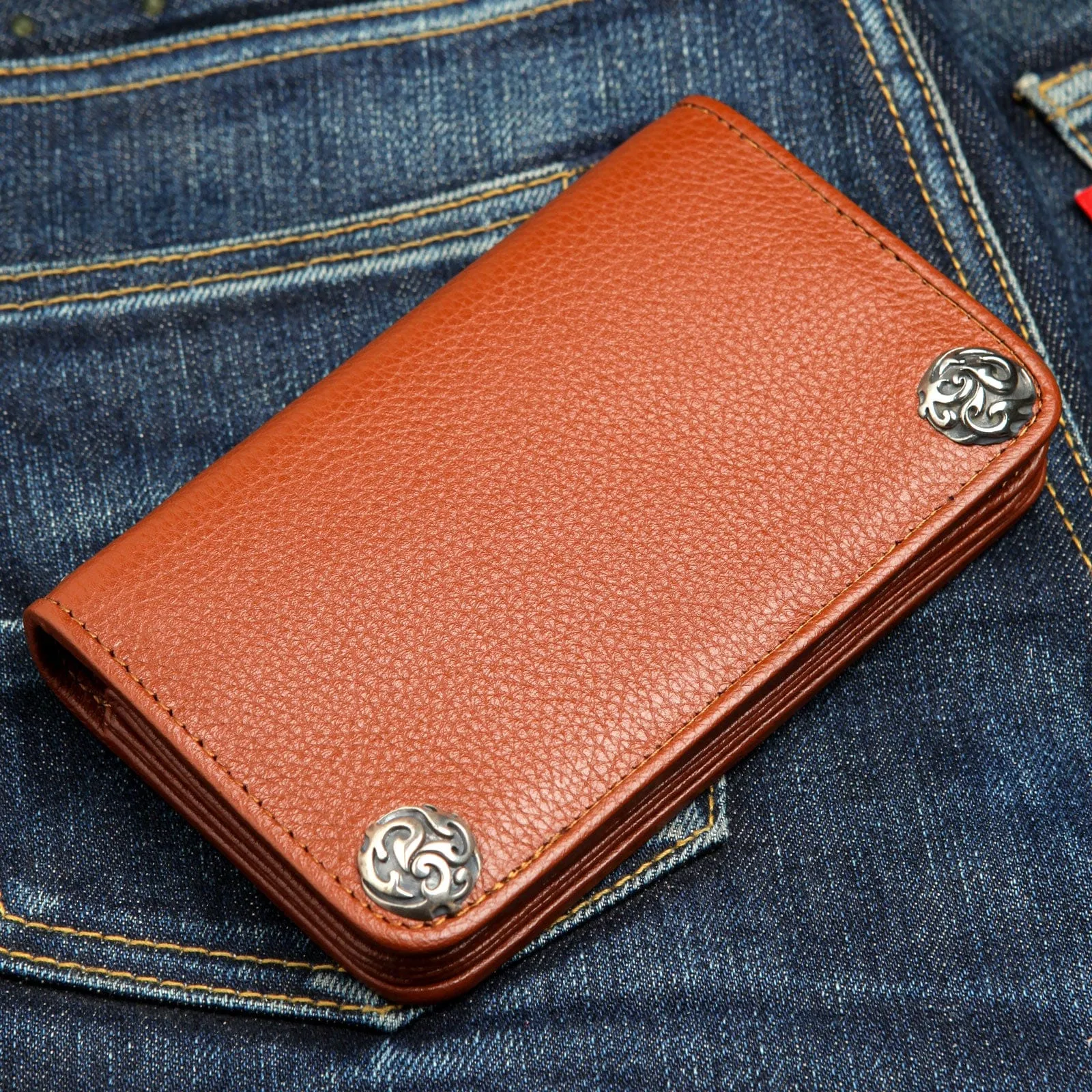 Cognac Brown Genuine Cowhide Leather Biker Wallet