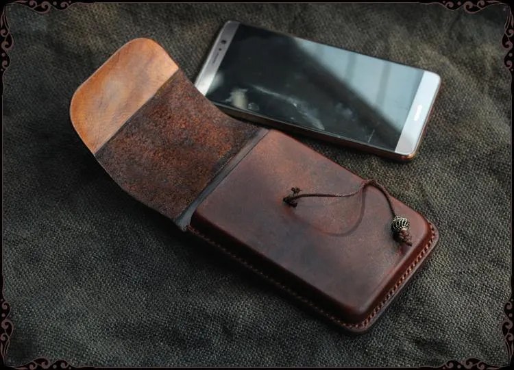 Cool Handmade Coffee Leather Mens Holster 6" Cellphone case phone pocket With Belt Loop For Men