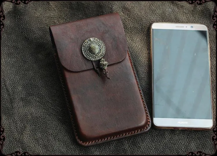 Cool Handmade Coffee Leather Mens Holster 6" Cellphone case phone pocket With Belt Loop For Men