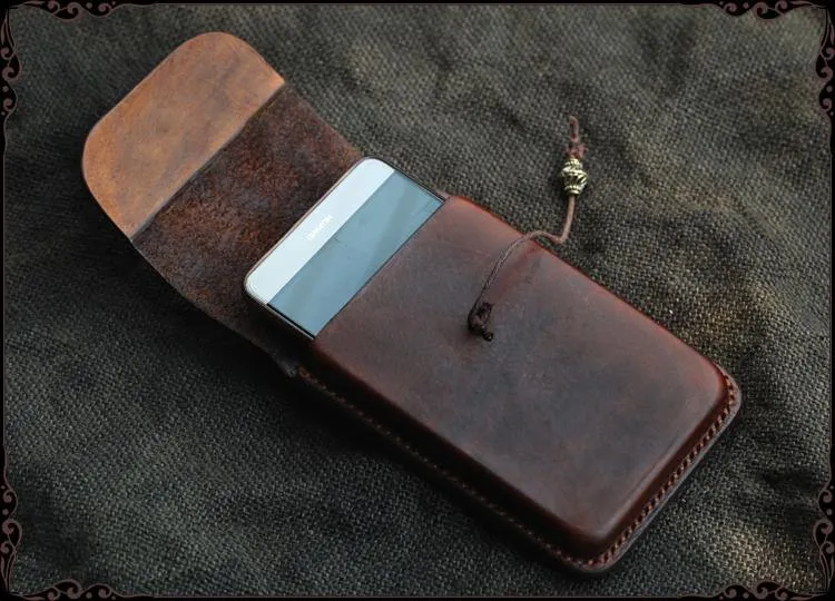 Cool Handmade Coffee Leather Mens Holster 6" Cellphone case phone pocket With Belt Loop For Men