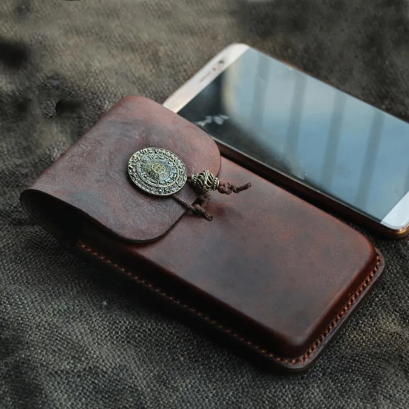 Cool Handmade Coffee Leather Mens Holster 6" Cellphone case phone pocket With Belt Loop For Men