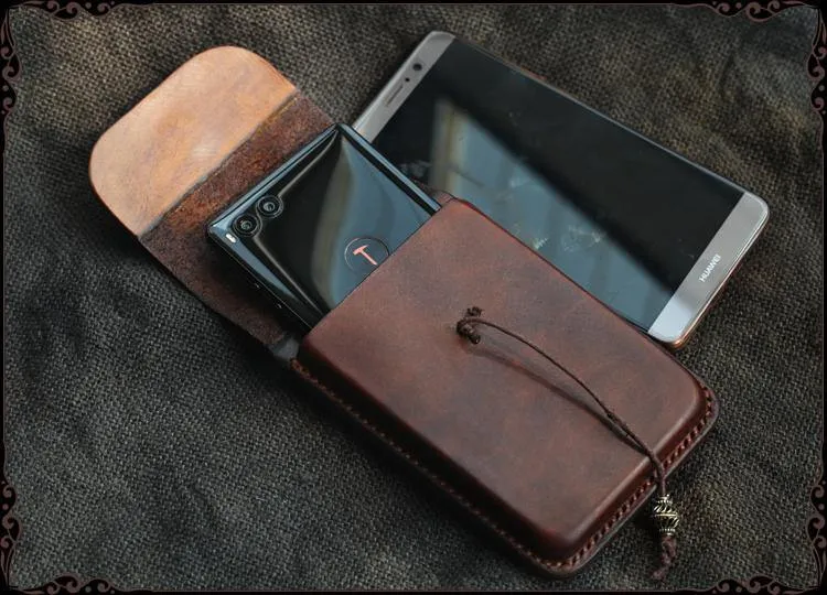 Cool Handmade Coffee Leather Mens Holster 6" Cellphone case phone pocket With Belt Loop For Men