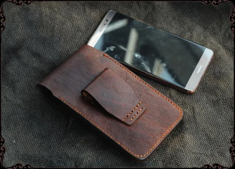 Cool Handmade Coffee Leather Mens Holster 6" Cellphone case phone pocket With Belt Loop For Men
