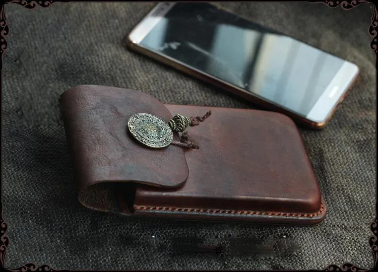 Cool Handmade Coffee Leather Mens Holster 6" Cellphone case phone pocket With Belt Loop For Men