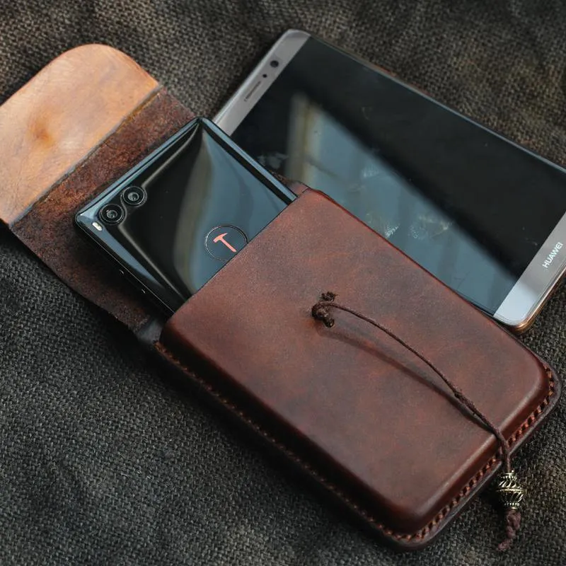 Cool Handmade Coffee Leather Mens Holster 6" Cellphone case phone pocket With Belt Loop For Men