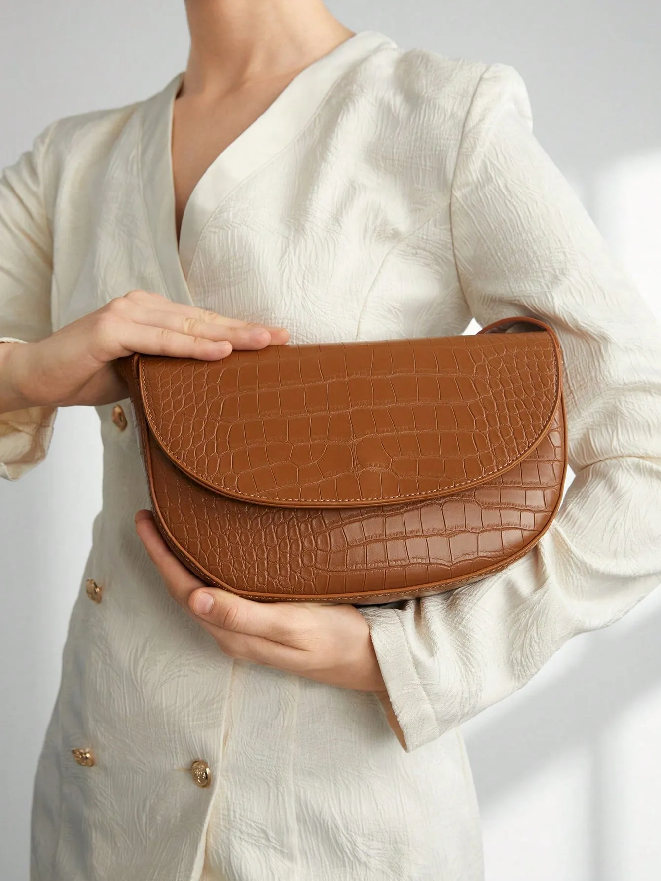 Crocodile Embossed Flap Saddle Bag