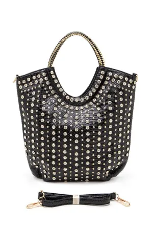 Crystal Studs Embellished Top Handle Tote Bag