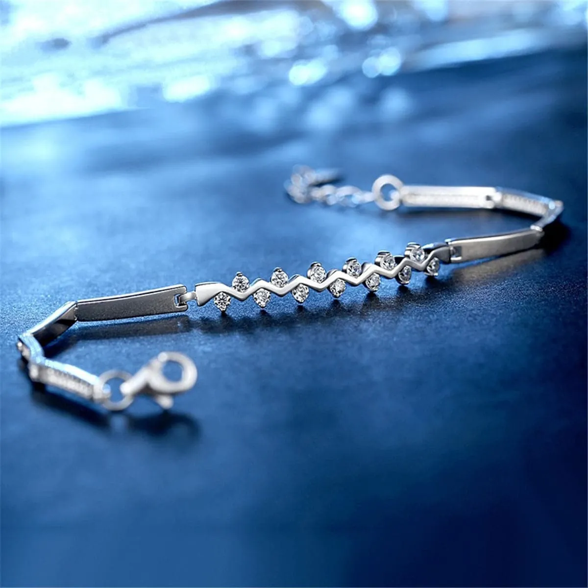 Cubic Zirconia & Silver-Plated Zigzag Ultrathin Bracelet