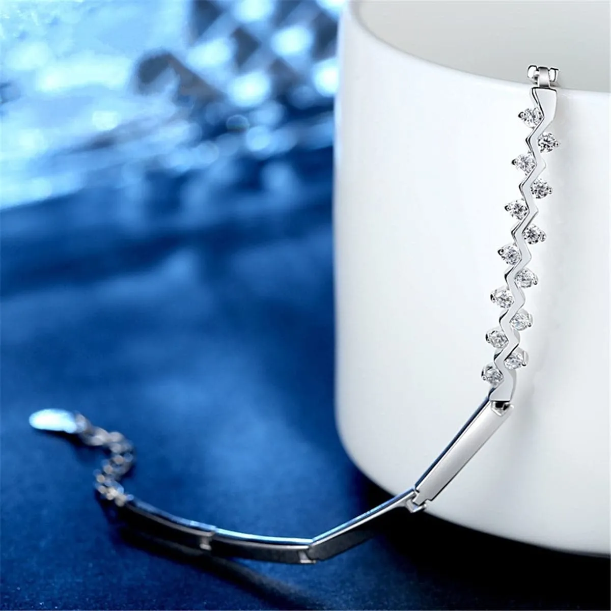 Cubic Zirconia & Silver-Plated Zigzag Ultrathin Bracelet