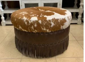 Custom Brown Hair-On Hide & Leather Ottoman