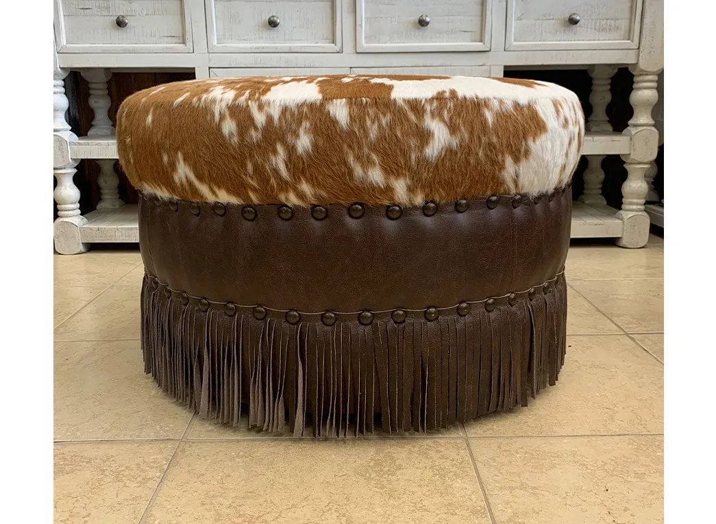 Custom Brown Hair-On Hide & Leather Ottoman