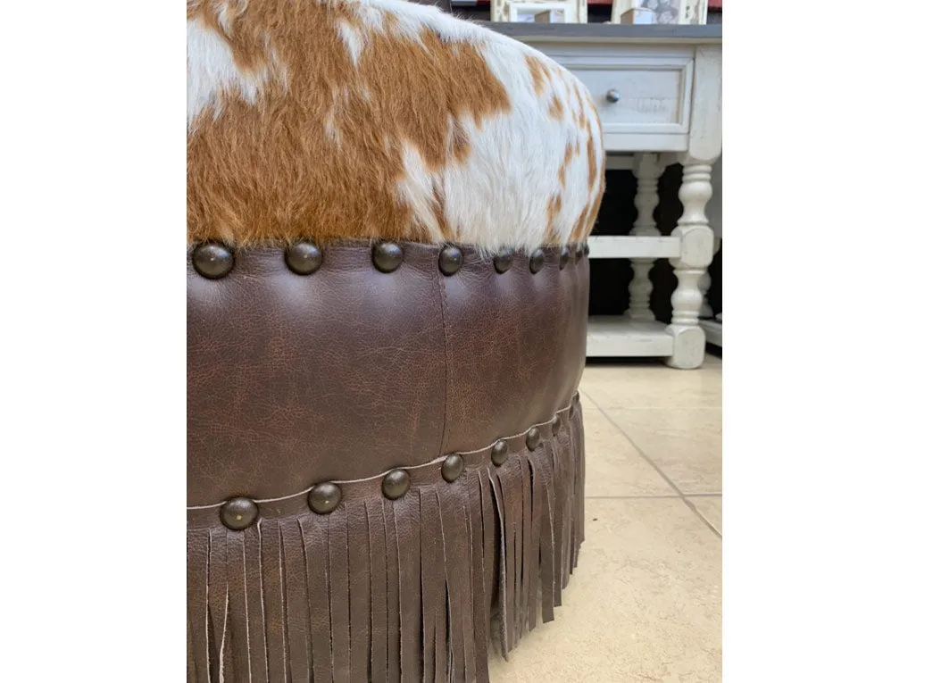 Custom Brown Hair-On Hide & Leather Ottoman