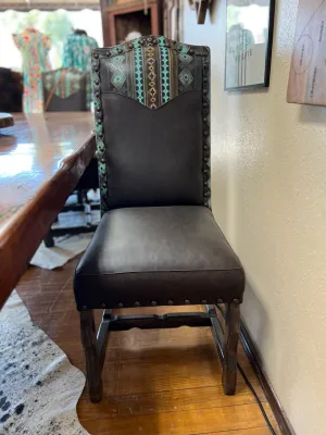 Custom Leather Dining Room Chair in Fargo Chocolate with Aztec Turquoise