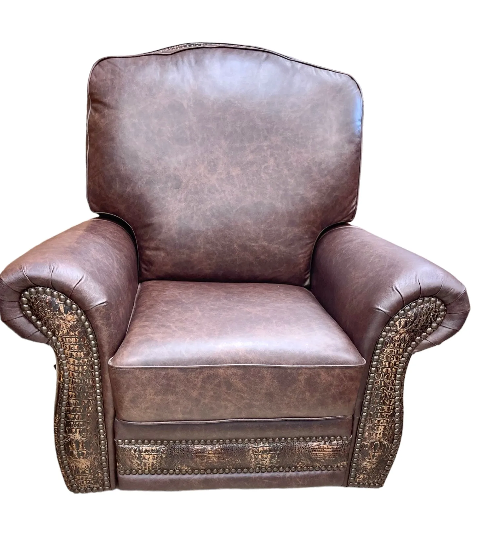 Custom Silverado Swivel, Rocker Recliner in Fargo Brown and Copper Gator Leather