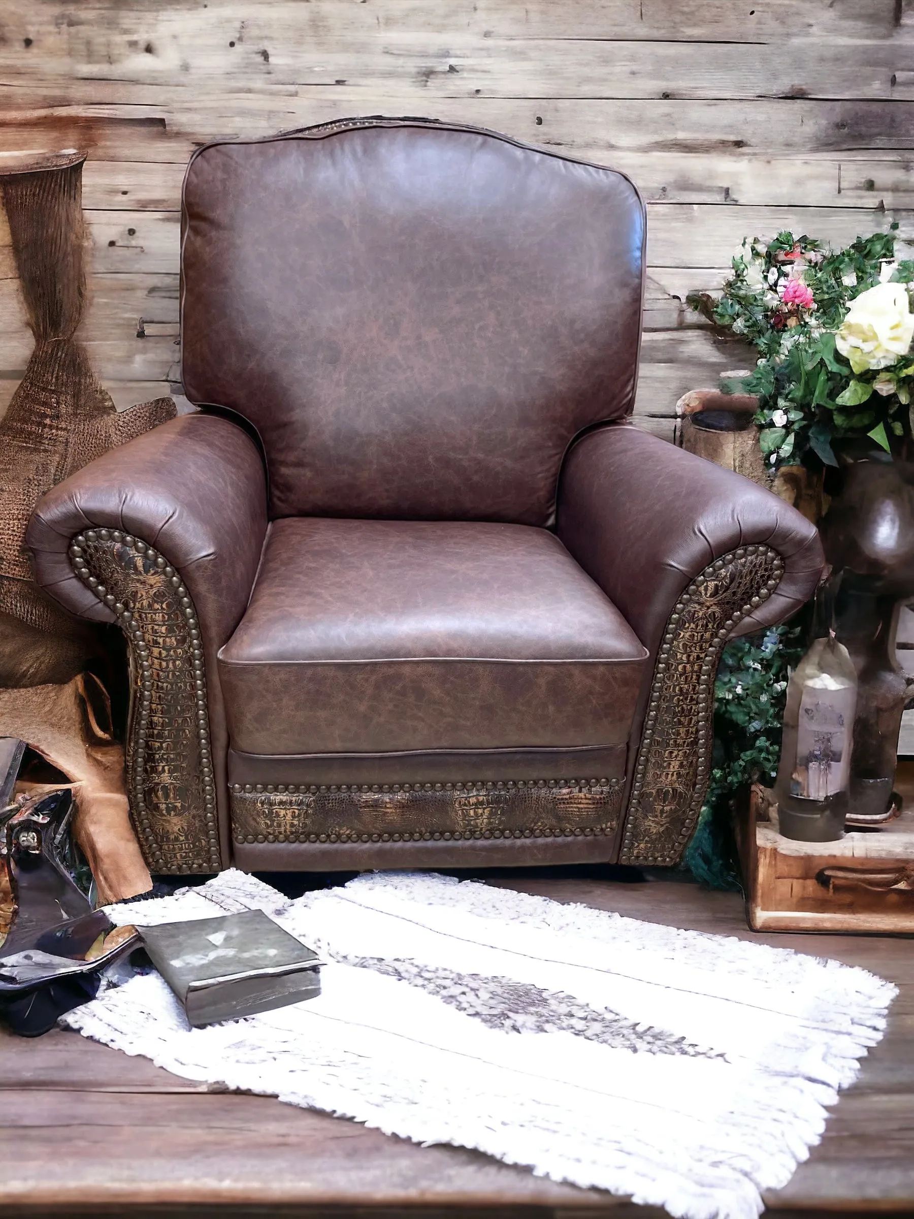 Custom Silverado Swivel, Rocker Recliner in Fargo Brown and Copper Gator Leather