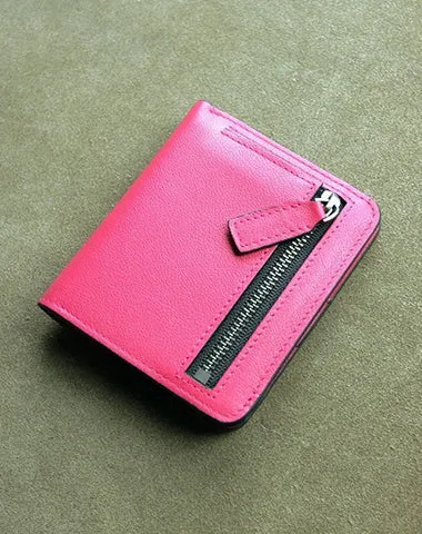 Cute Women Rose Red Leather Small Bifold Wallet Billfold Wallet with Coin Pocket For Women