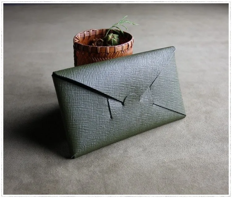Cute Womens Green Leather Envelope Wallet Slim Clutch Purse Checkbook Long Wallet for Women