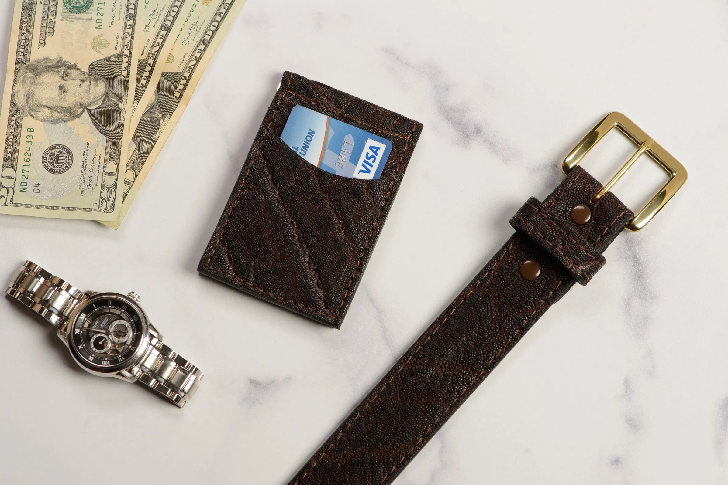 Dark Brown Elephant Bifold Slim Profile Wallet With Money Clip