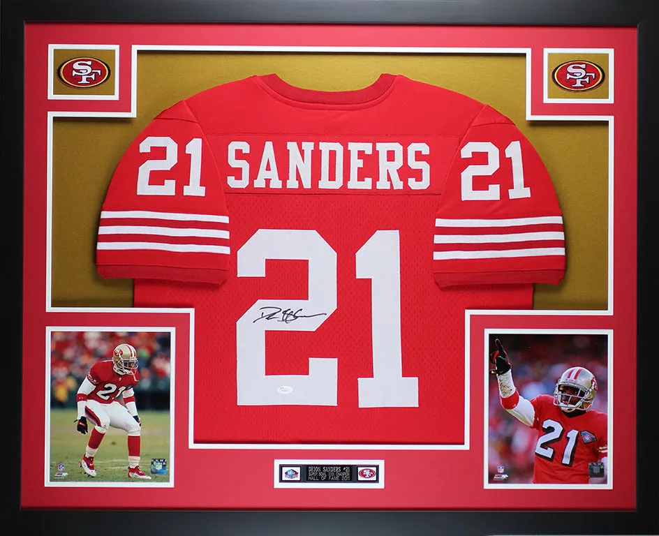 Deion Sanders Autographed and Framed Red 49ers Jersey