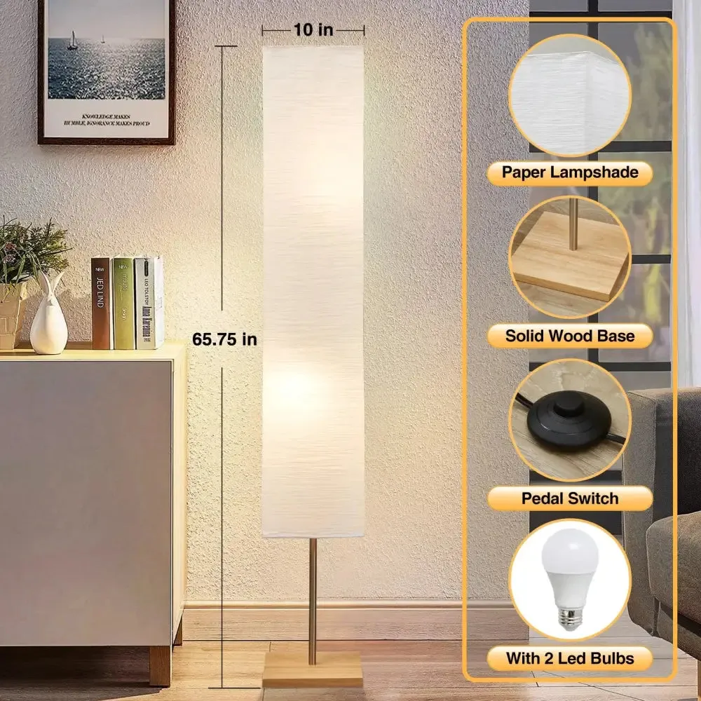 Dimmable LED Floor Lamp with Wooden Base and White Shade