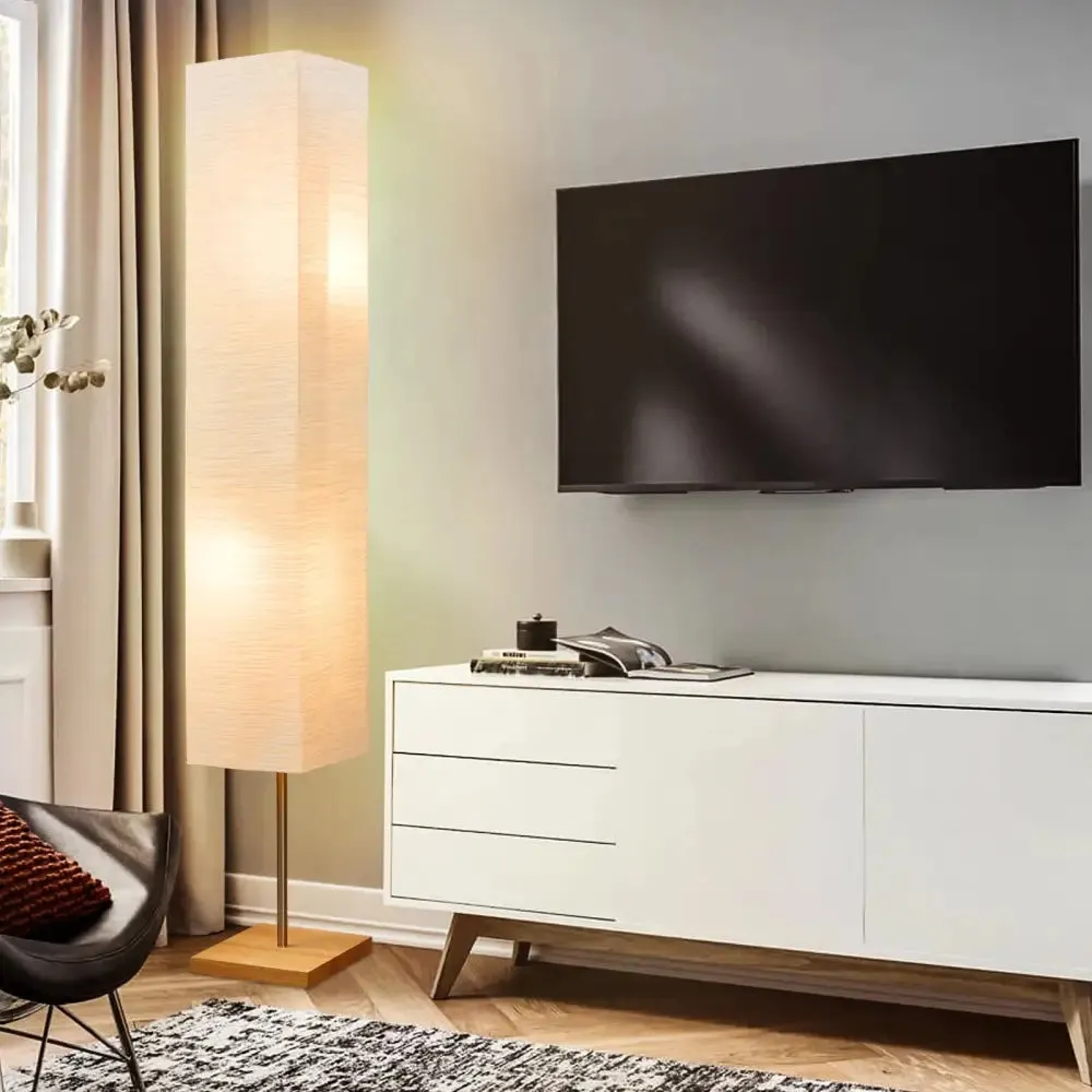 Dimmable LED Floor Lamp with Wooden Base and White Shade
