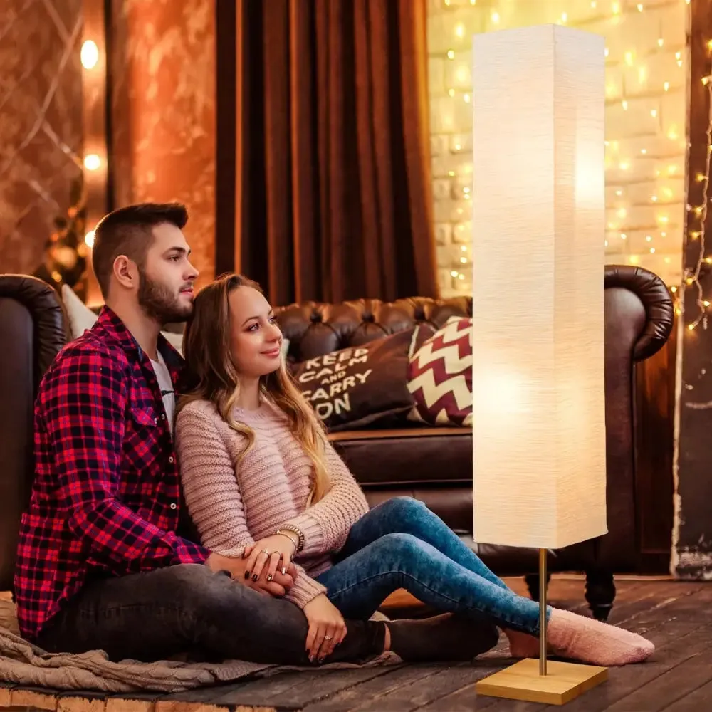 Dimmable LED Floor Lamp with Wooden Base and White Shade