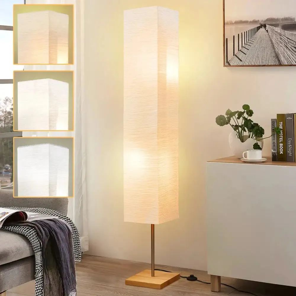 Dimmable LED Floor Lamp with Wooden Base and White Shade