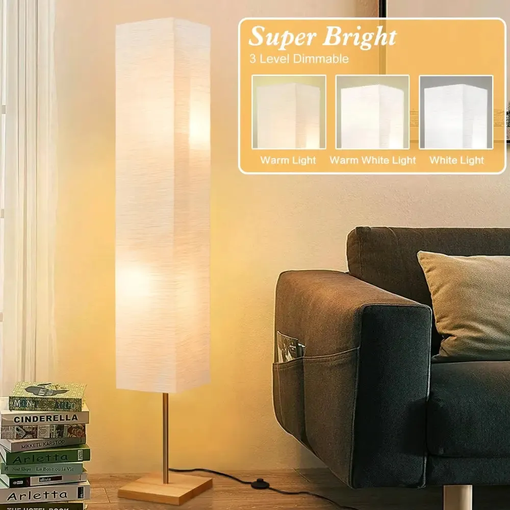 Dimmable LED Floor Lamp with Wooden Base and White Shade