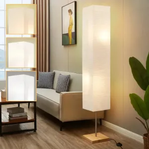 Dimmable LED Floor Lamp with Wooden Base and White Shade