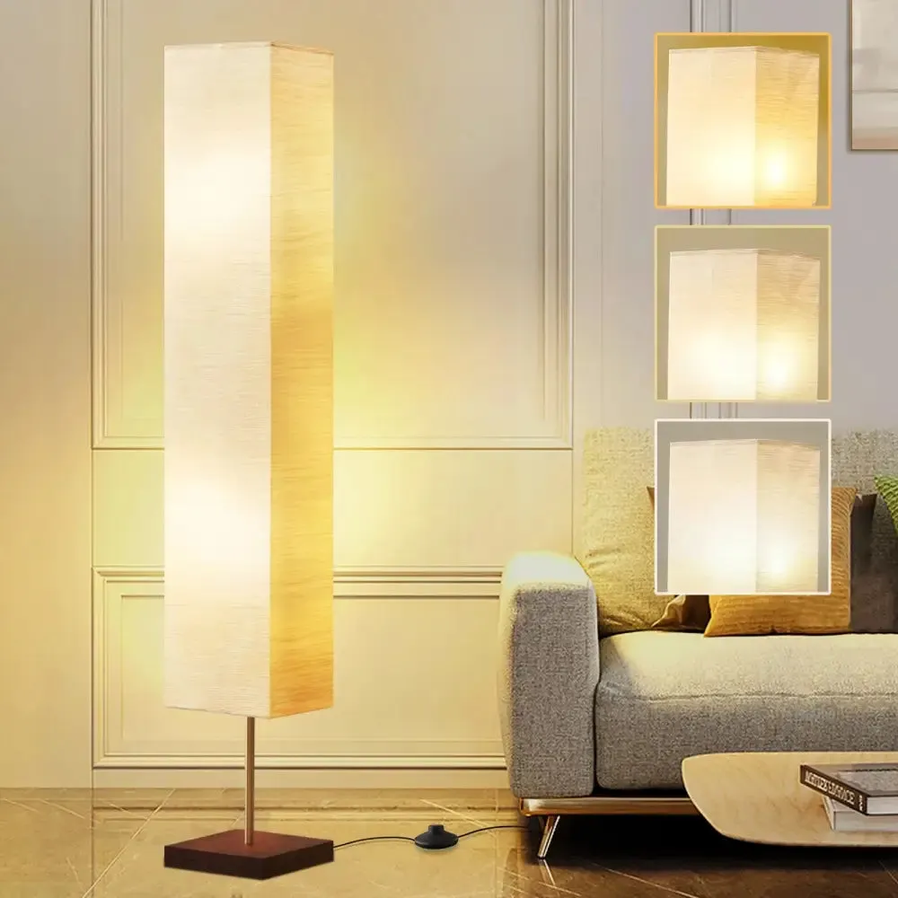 Dimmable LED Floor Lamp with Wooden Base and White Shade