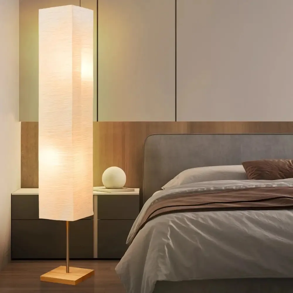 Dimmable LED Floor Lamp with Wooden Base and White Shade