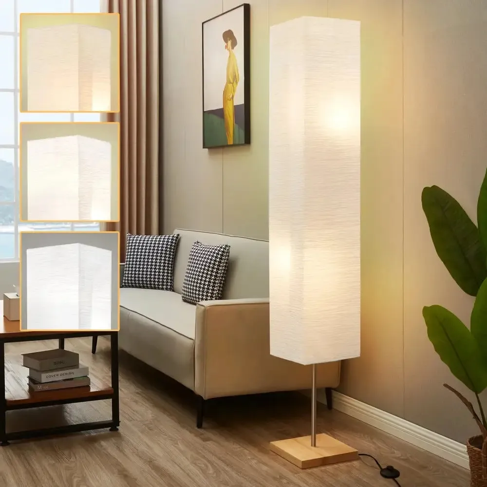 Dimmable LED Floor Lamp with Wooden Base and White Shade