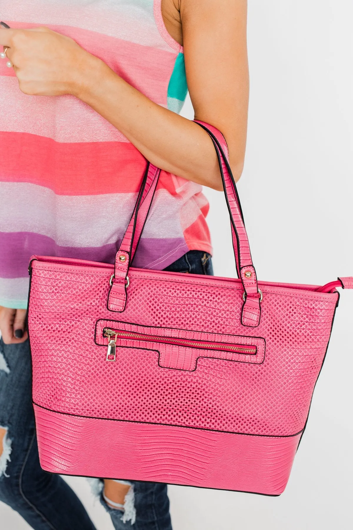 Double Handle Zipper Tote- Fuchsia