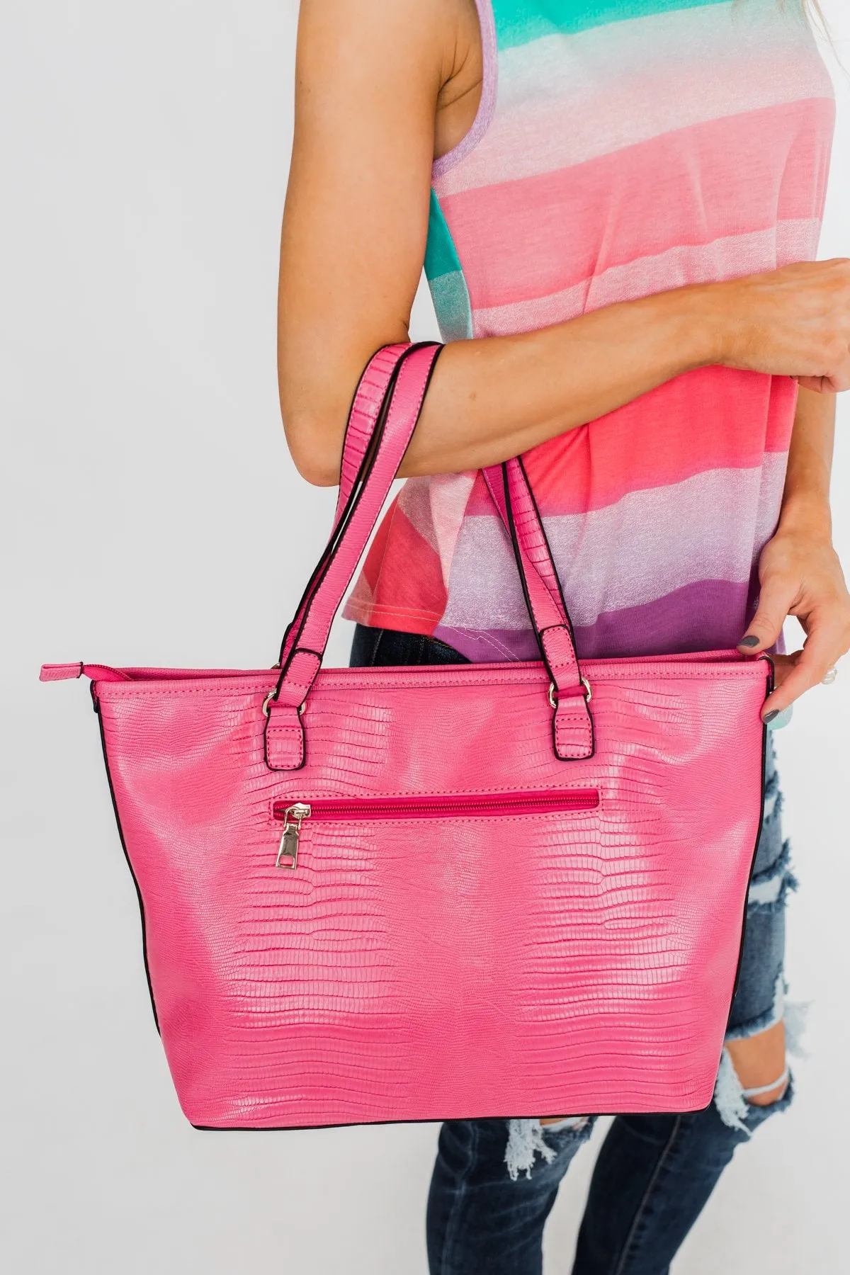 Double Handle Zipper Tote- Fuchsia