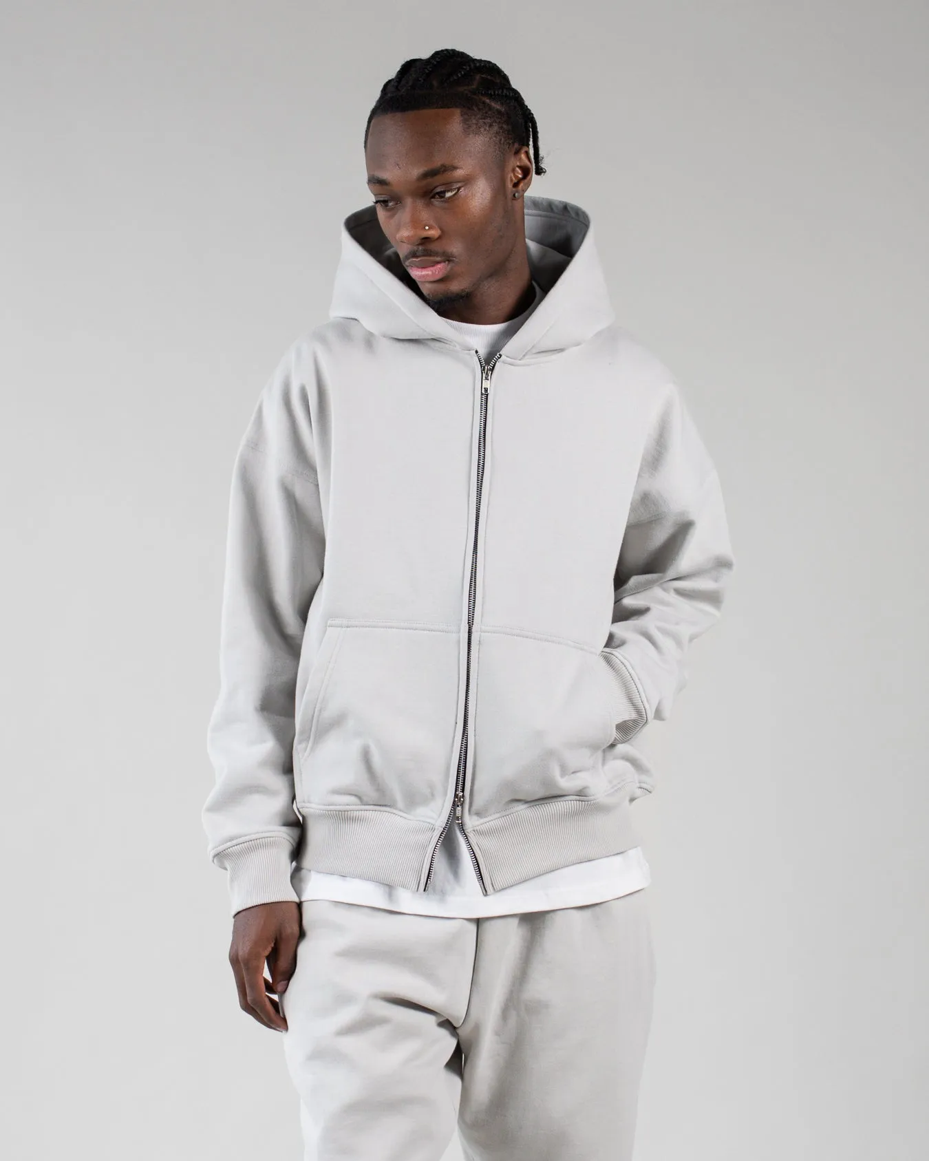 Drop Shoulder Zip Hoodie - Stone