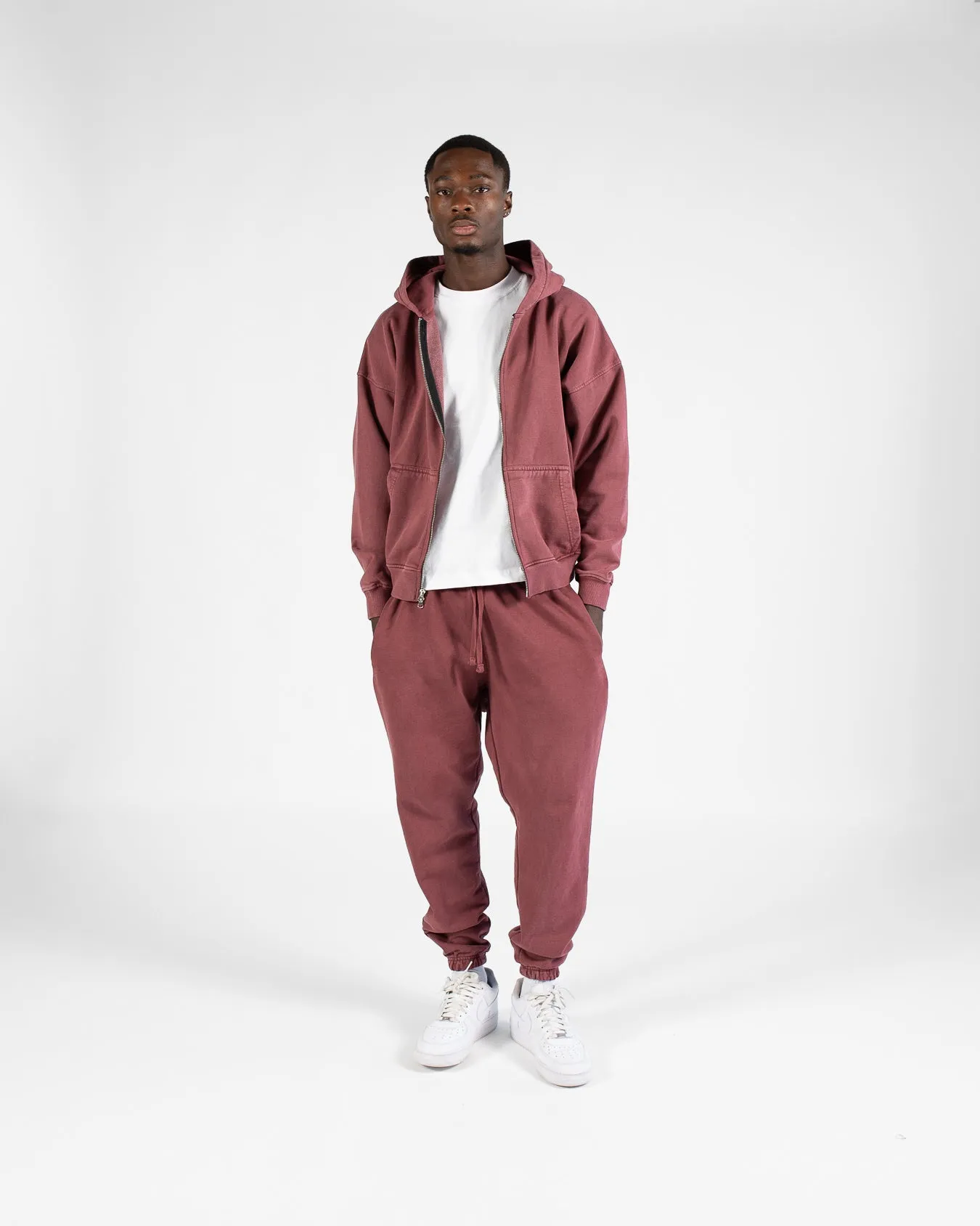 Drop Shoulder Zip Hoodie - Vintage Burgundy